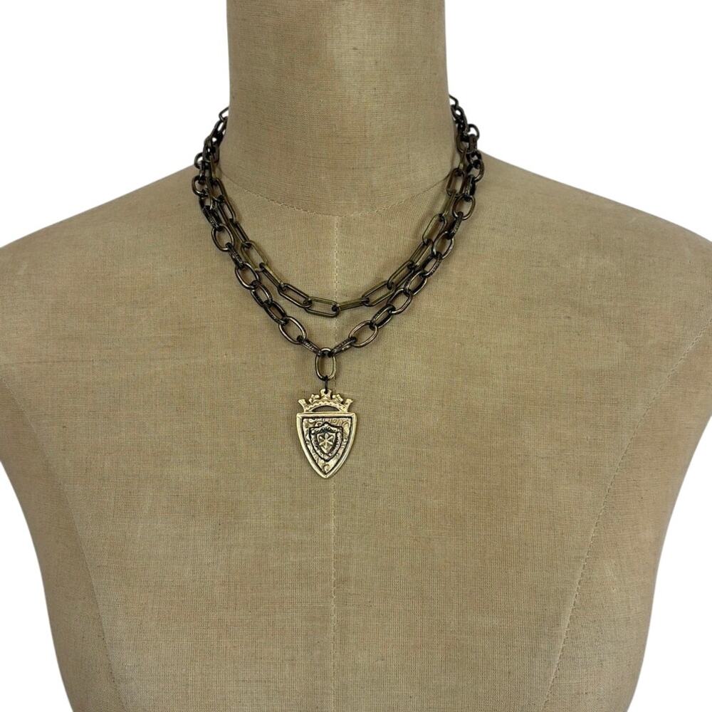 LOT 2 Necklaces Artisan Antiqued Brass Shield Medallion + Short Necklace Set
